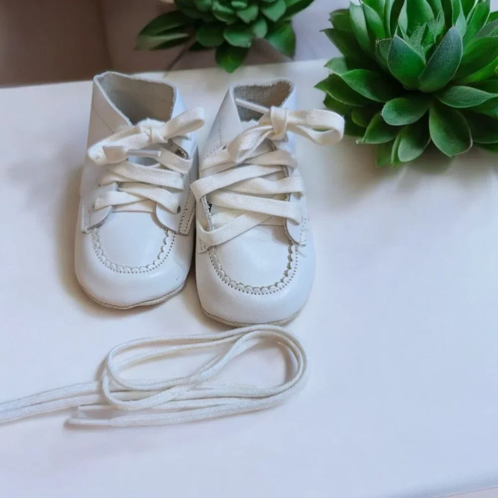 Baby Newborn white soft thin leather shoes‎ 1950's baptism wedding extra laces